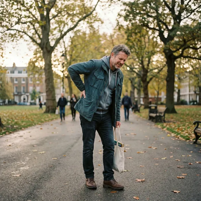 Man walking outdoors with back pain